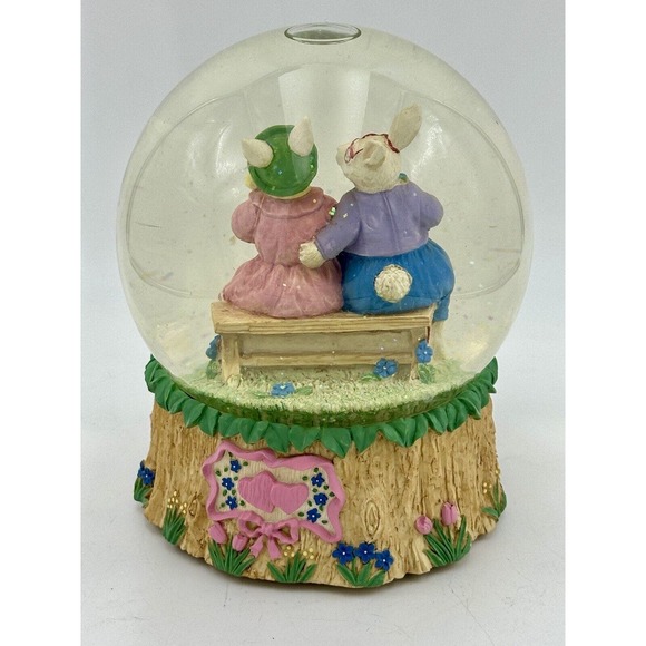 Vtg Easter Musical Snowglobe Mr & Mrs Rabbit Bunny Love Works Hand Painted VIDEO - Picture 4 of 12